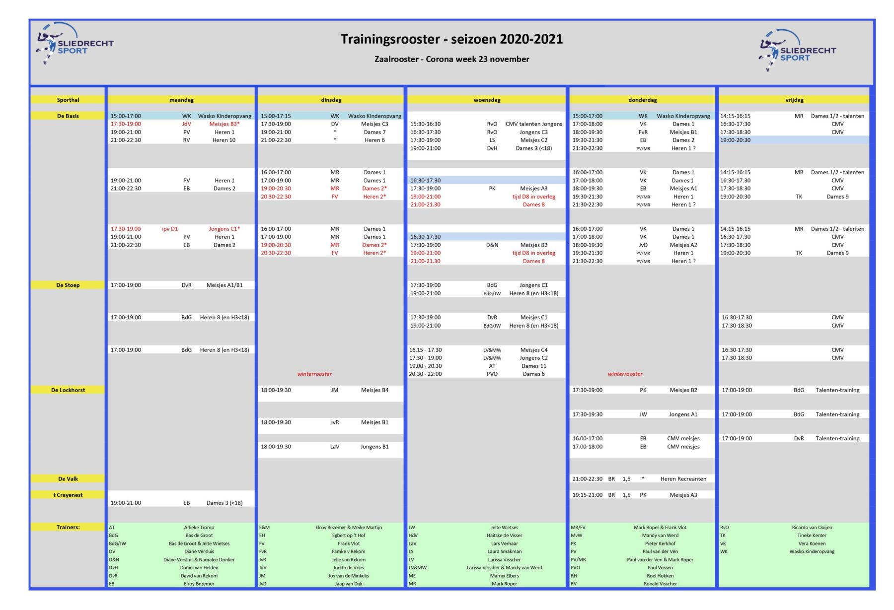 Nieuw trainingsrooster 23 november – competitiegeld